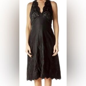 White House Black Market Halter A-Line Black Satin Eyelet Knee Length Dress 0